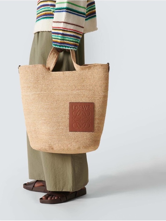 Loewe Handbags - Loewe Slit Bag Hand Woven Raffia Tote Beige Brown Leather Logo OS